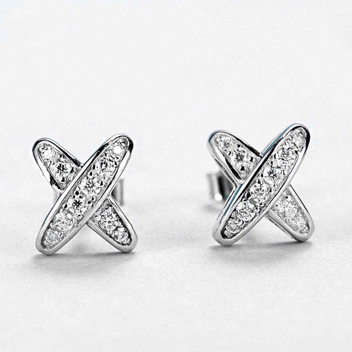 S925 Sterling Silver X-Shape Stud Earrings, D-VVS1 Moissanite Pave, Platinum Plated 1.5g Women's Jewelry Gift Box
