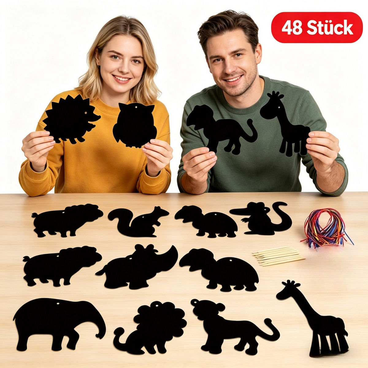 110-Piece Scratch Art Set: Animals—48 Designs With 12 Wooden Sticks & 50 Ribbons—Creative DIY Painting And Craft Set—Party Supplies Set
