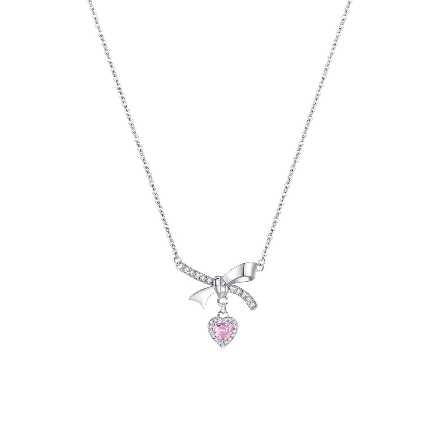 1pcs 999 Sterling Silver Bowknot & Pink Heart Necklace, Elegant Trendy Style, Ideal For Valentine's & Birthday Gifts