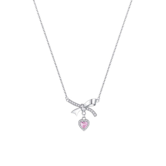 1pcs 999 Sterling Silver Bowknot & Pink Heart Necklace, Elegant Trendy Style, Ideal For Valentine's & Birthday Gifts