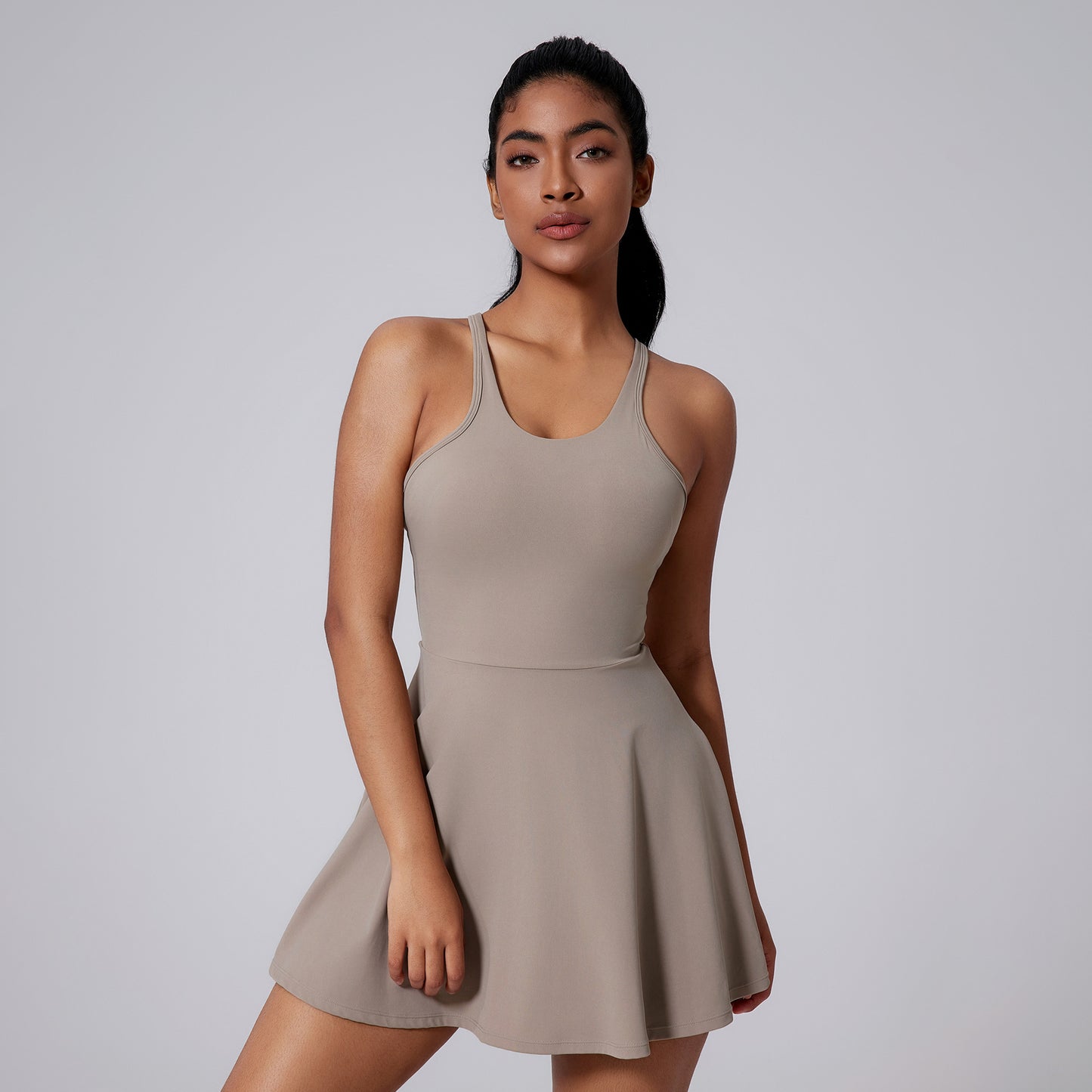 Brushed Nude Feel V-shaped Beauty Back Yoga Dress Anti-exposure Bottom Shorts