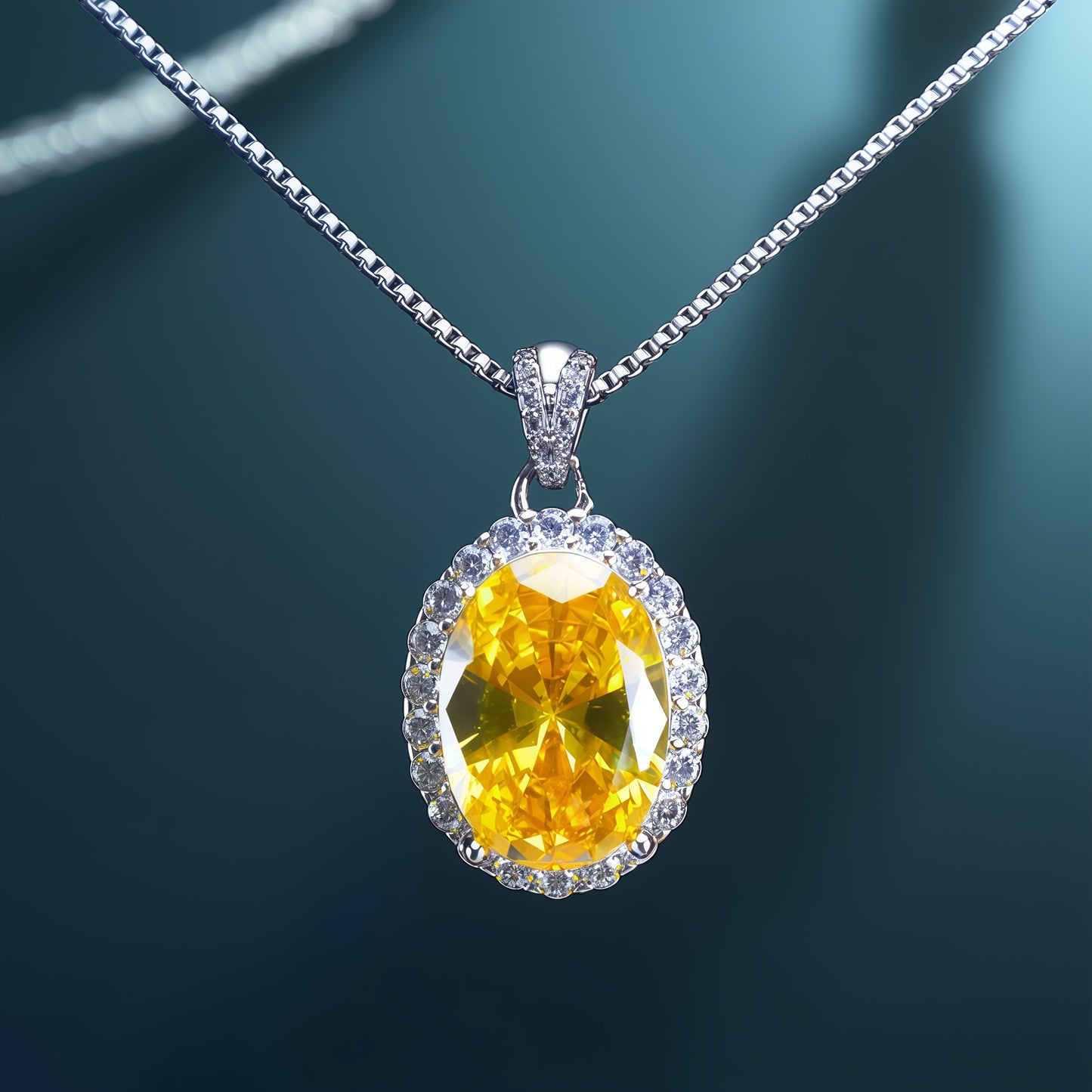 Oval Cut Yellow Citrine CZ Halo Pendant Necklace For Women, Copper Plated Silver Full Pave White Cubic Zirconia Vintage Wedding Bridal Statement Jewelry Gift