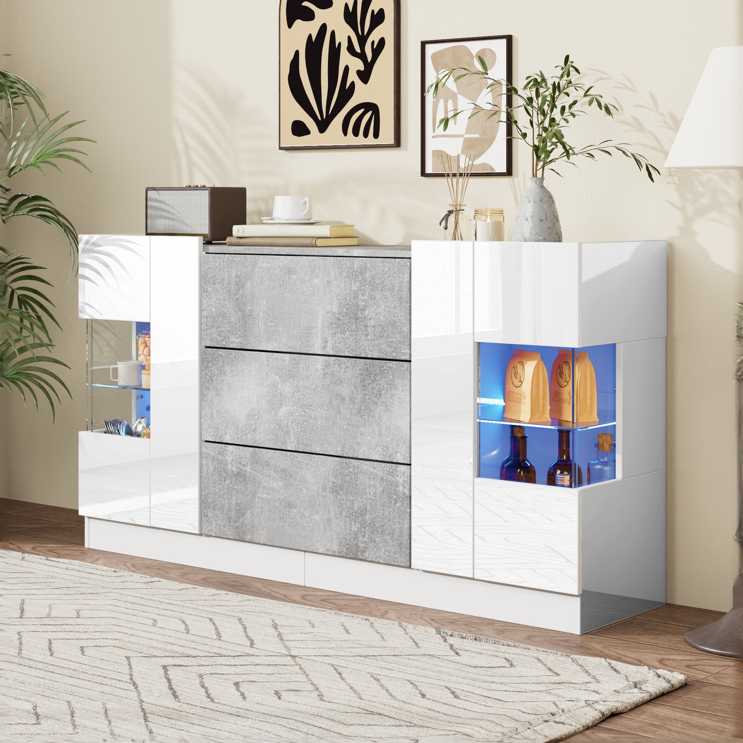 Elegant Sideboard With 2 Doors And 3 Drawers - High Gloss White Fronts And Grey Marble Look, LED Lighting With 16 Colours, 140 X 35 X 75 Cm