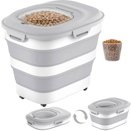 Dog Food Storage Container With Wheels, Collapsible Pet Food Storage Container With Clear Window, Measuring Cup & Scoop, BPA Free Cat Food Container For Rice, Flour, Grain, Bird Seed