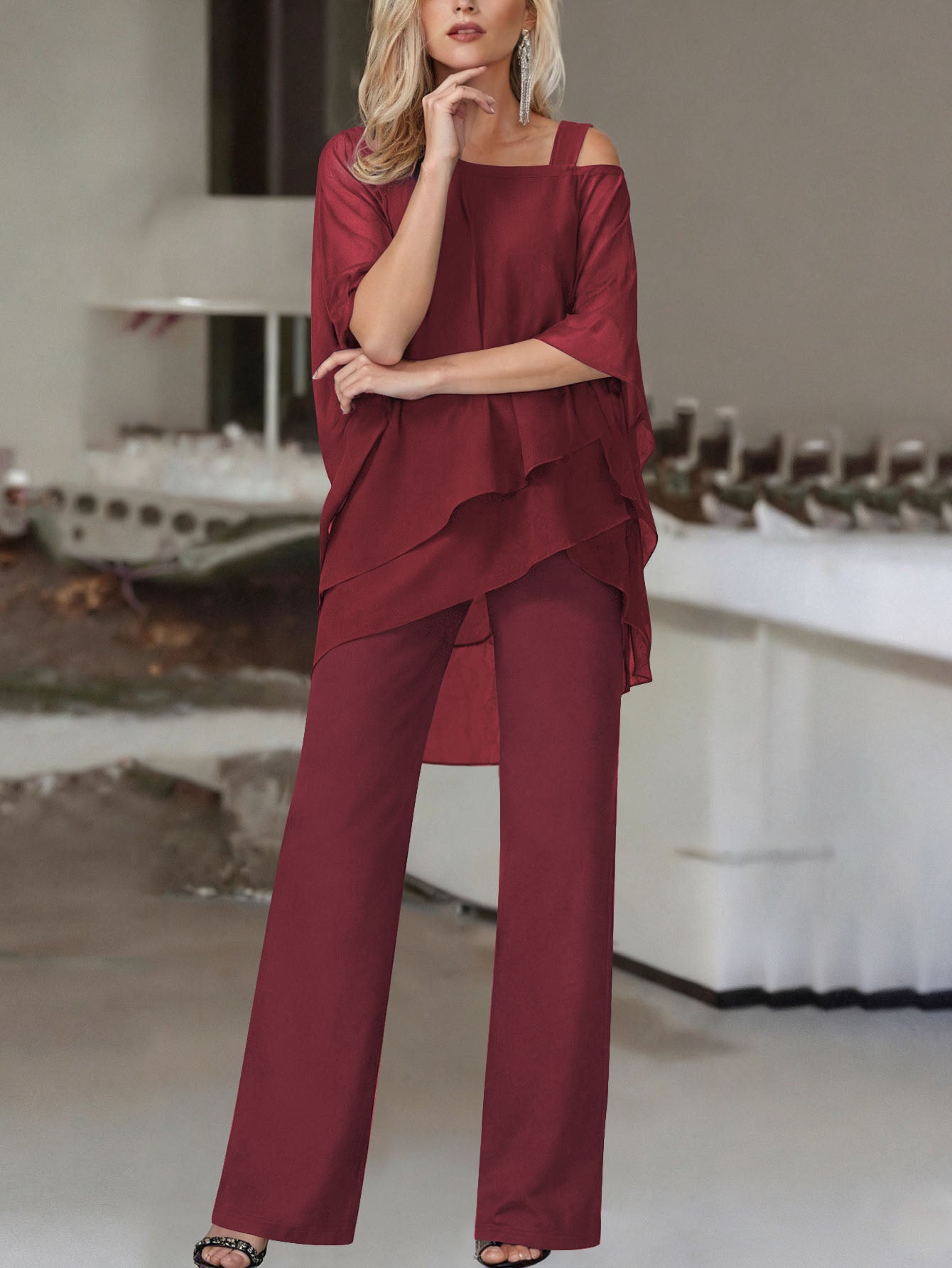 Cold Shoulder Asymmetrical Ruffle Blouse & High Waist Wide Leg Pants Set For Women Casual Elegant Two Piece Outfit Casual Office Wear