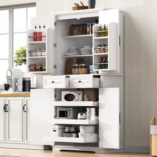 K&K 71   Tall Kitchen Pantry Cabinet With 3 Pull Out Cabinet Organizers, Farmhouse Embossed Texture Storage Cabinet With 6 Door Shelves, 2 Drawers, Freestanding Cupboard For Kitchen, Dining Room White