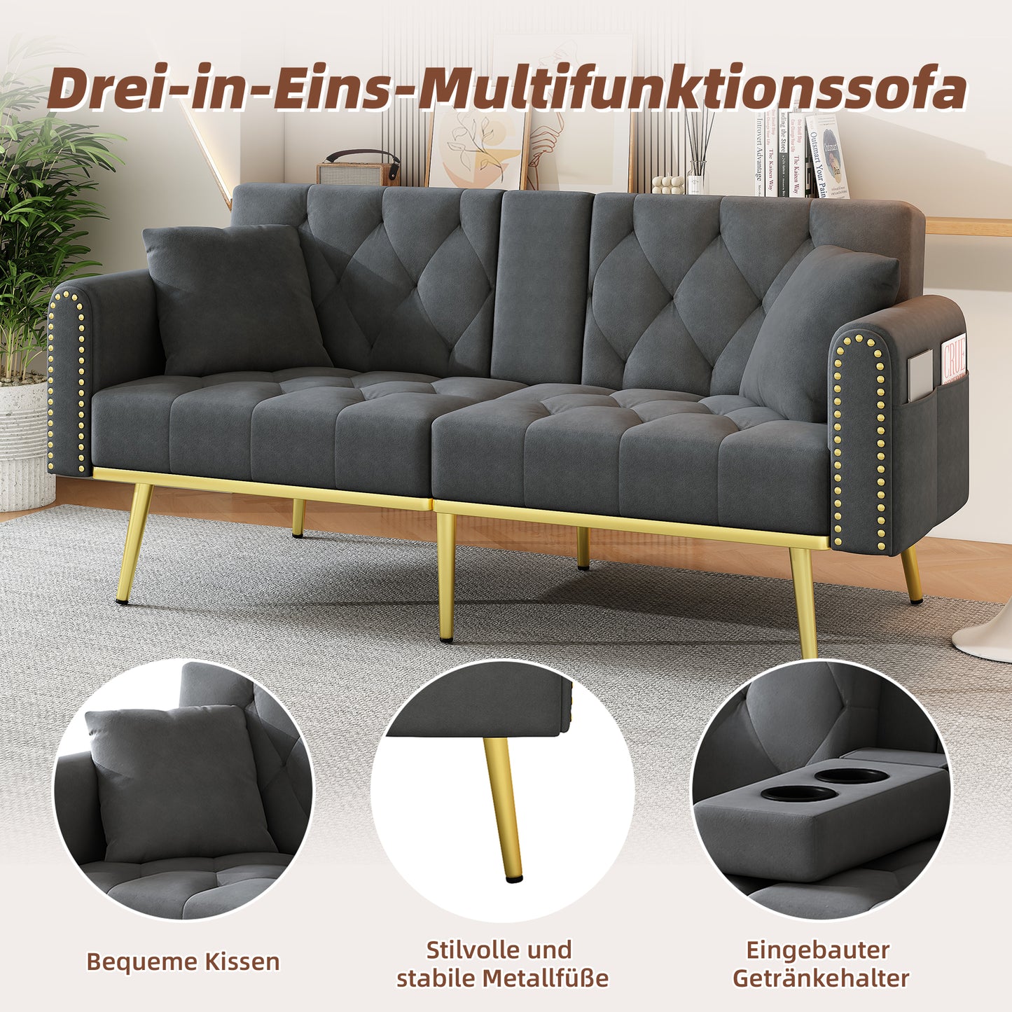 Double Fold Out Sofa Bed With Reclining Function, Three Adjustable Tilt Angles And Cup Holder. Suitable For Living Room, Bedroom, Home Theater Or Guest Room. Fabric Cover. Gray.