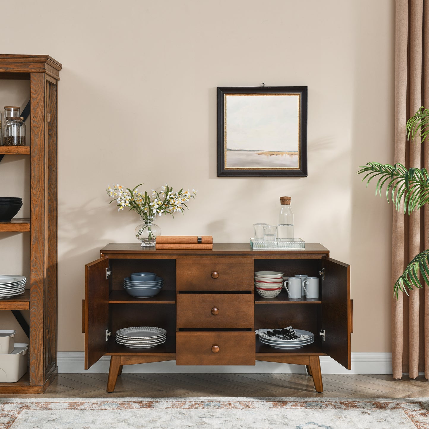 47.3  Mid Century Modern Sideboard Buffet Cabinet With Storage, Storage Cabinet With 2 Doors And 3 Drawers For Kitchen Dining Living Room, Accent Console Table, Walnut