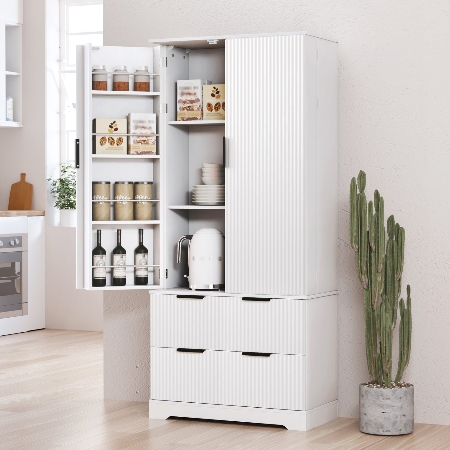72  Modern Fluted Kitchen Pantry Cabinet With 2 Large Drawers & 8-Door Spice Rack, Freestanding Storage Organizer For Bathroom, Dining Room, Office, Entryway, White