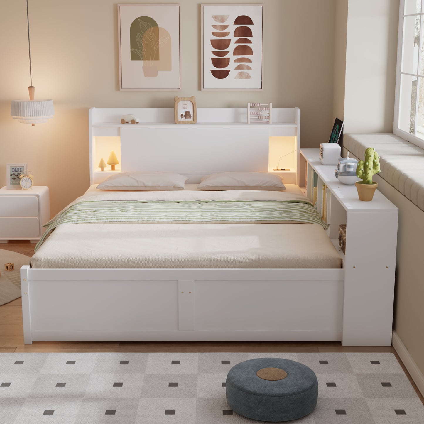 Double Bed, Panel Bed, Headboard With Storage Compartment  2 Lights, With Charging Socket, Side Storage Cupboards And Drawers, Pine Chipboard MDF, White, 140x200cm