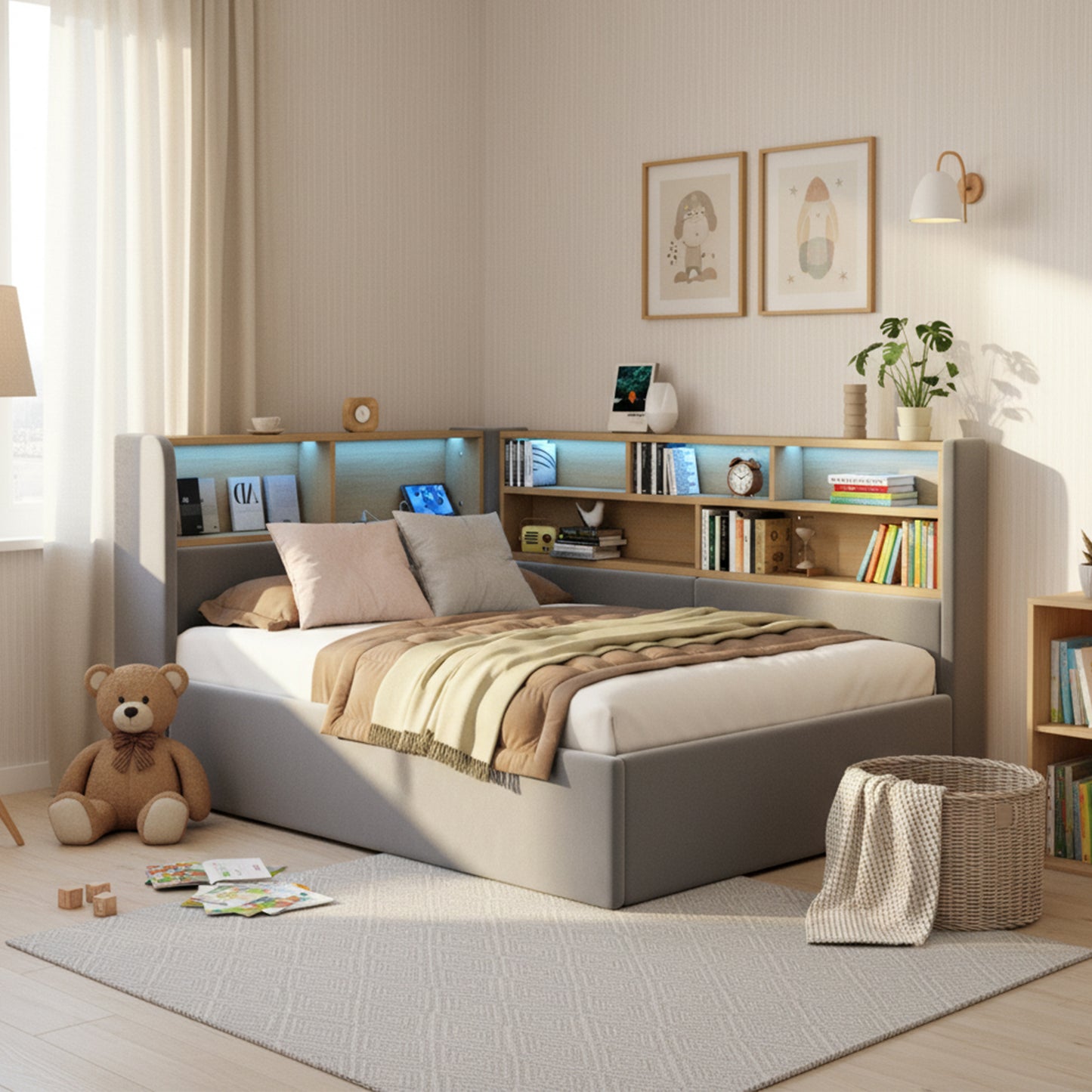 Daybed, L-shaped Upholstered With Storage Compartment, Sofa Bed With Storage, LED, USB Charging Port, 3FT Single Bed 90x190cm, Hydraulic Storage Bed Frame, Velvet, Grey
