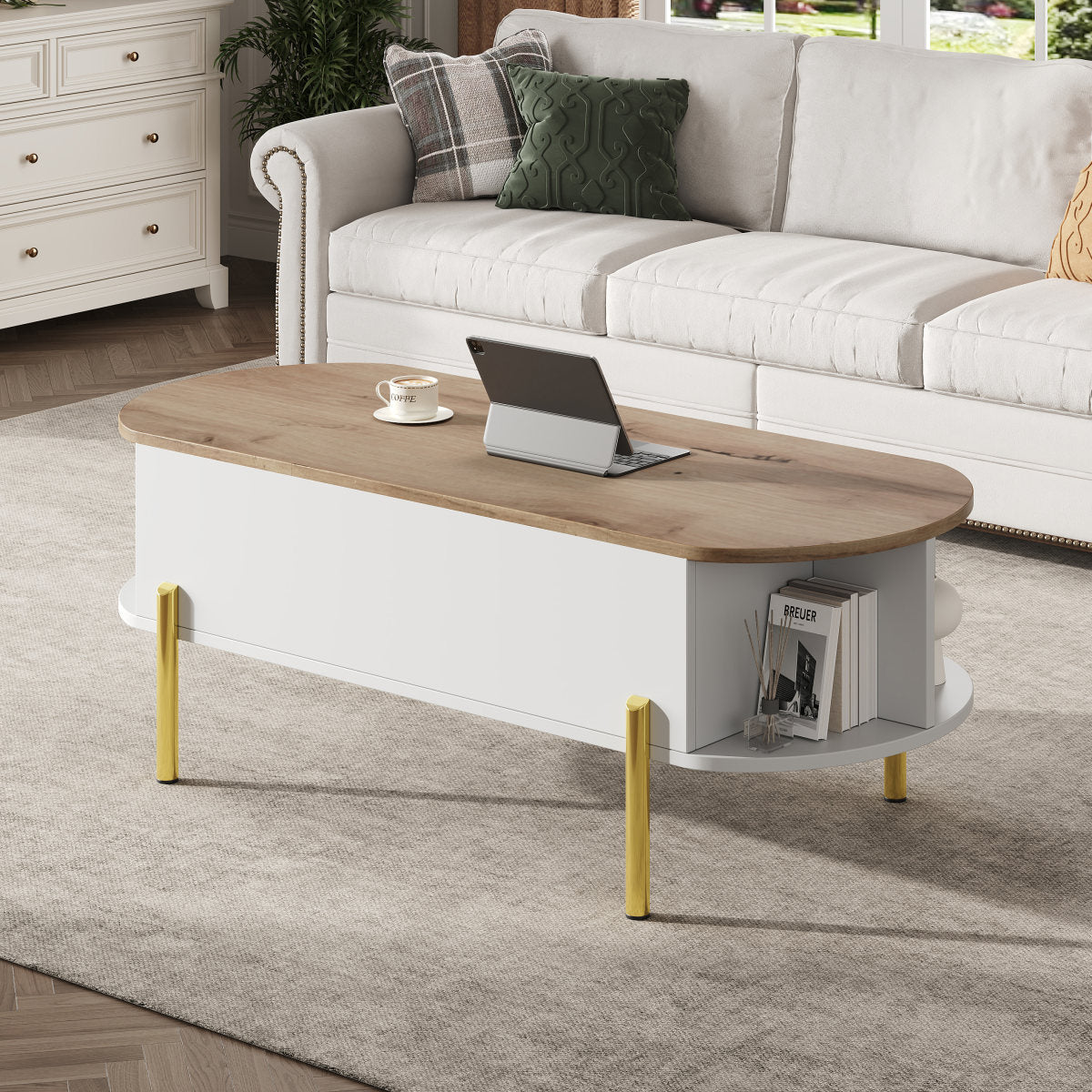 Coffee Table, Living Room Table, Coffee Table With Height-adjustable Top, Living Room Tables, Side Tables, Sofa Tables With Hidden Storage, Coffee Table With 7 Shelves, Wood Color  White