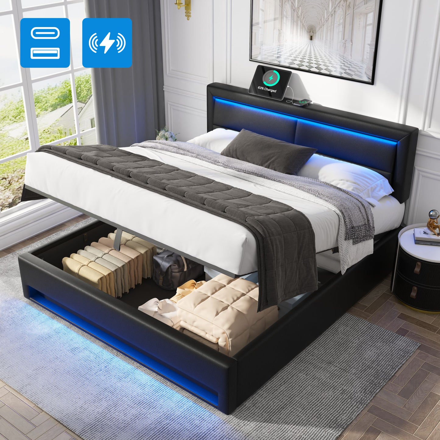 Upholstered Bed 140 X 200 Cm, With USB Port  Supports Wireless And Wired Charging , With LED Lighting And Storage, Without Mattress, PU Lychee Pattern, Black OLD SKU 3252978AAS