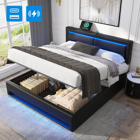 Upholstered Bed 140 X 200 Cm, With USB Port  Supports Wireless And Wired Charging , With LED Lighting And Storage, Without Mattress, PU Lychee Pattern, Black OLD SKU 3252978AAS