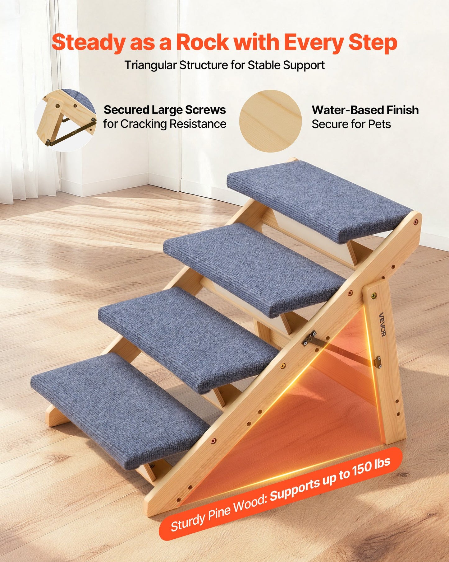 Wood Pet Stairs, 4-Step Dog Stairs For Beds, Sofa & Cars, 150lbs Load Capacity, Floded Flat Design, Stable & Sturdy Cat & Dog Step Ladder For Small Medium Large Older Pet Puppy Essentials