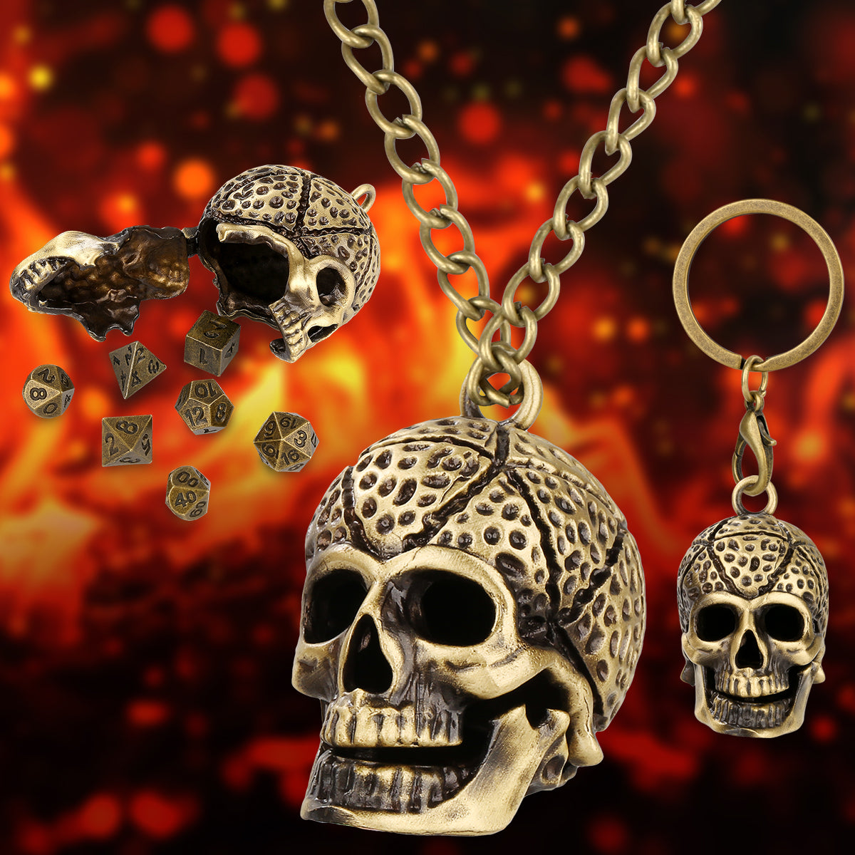 Skull Cage Pendant Necklace, Small Portable Metal Keychain, Mini 7-Piece Polyhedral Metal D&D Dice Set, Suitable For Parent Games, Toy Accessories, Gifts, Multiplayer Role Playing Board Games