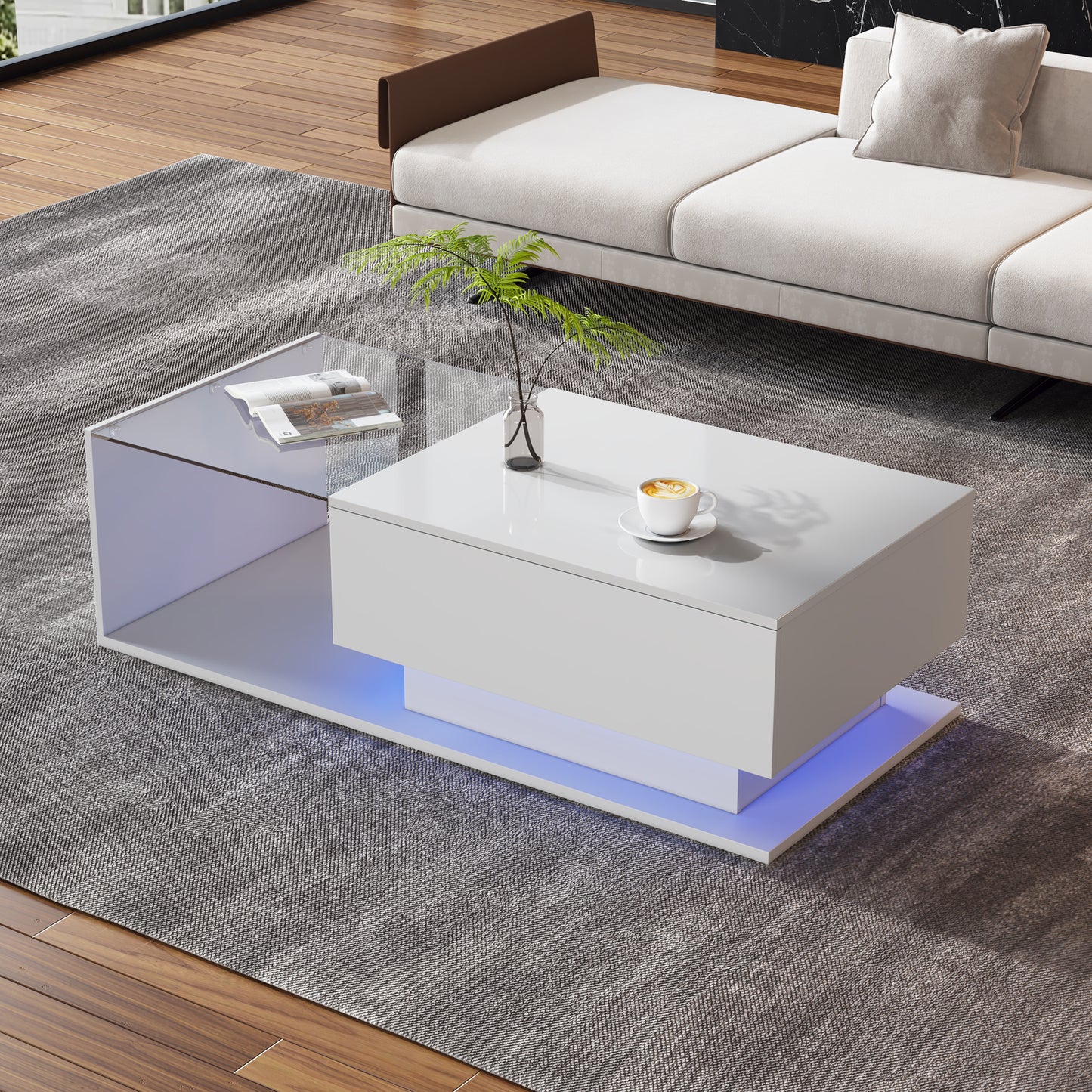 High Gloss White Coffee Table 100x50x32 Cm - With Glass Top And Drawers, Scratch-resistant, With 1 Drawer, With LED Lighting, Modern Style