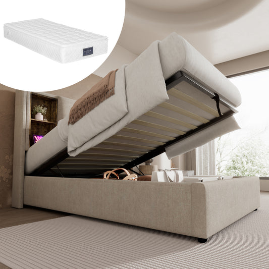Single Bed With Wireless Charging USB C, Upholstered Bed Bed Frame 90x200cm, Bed Frame With Storage Slatted Base Made Of Wood-natural Linen  With Mattress