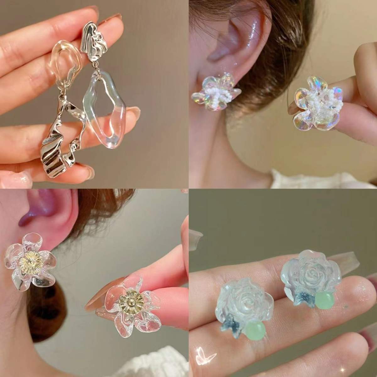 Silver Needle Flower Butterfly Resin Stud Earrings Niche Accessories