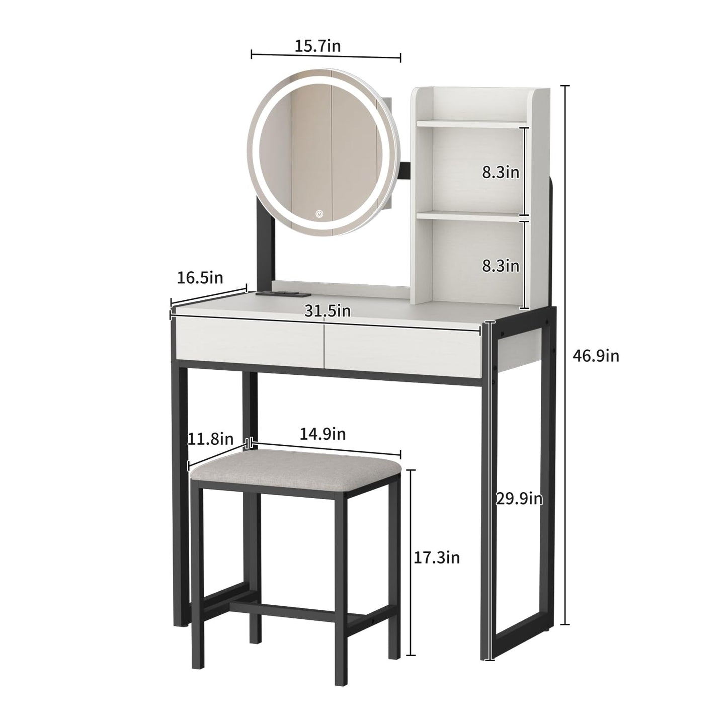 Small Vanity Desk With Mirror And Lights, Makeup Vanity Table With LED Mirror, 3 Lighting Modes, Power Outlet, Drawer, Open Shelves And Cushioned Stool For Bedroom  White And Black