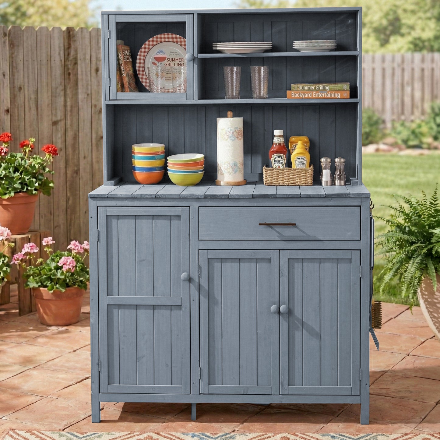 With Assembly Video  TOPAMx Potting Bench With Hutch  65  H Solid Fir Wood Garden Workstation  Large Countertop  Patio Kitchen Island With Adjustable Shelves  Spice Rack  Side Hook And Drawer  Gray