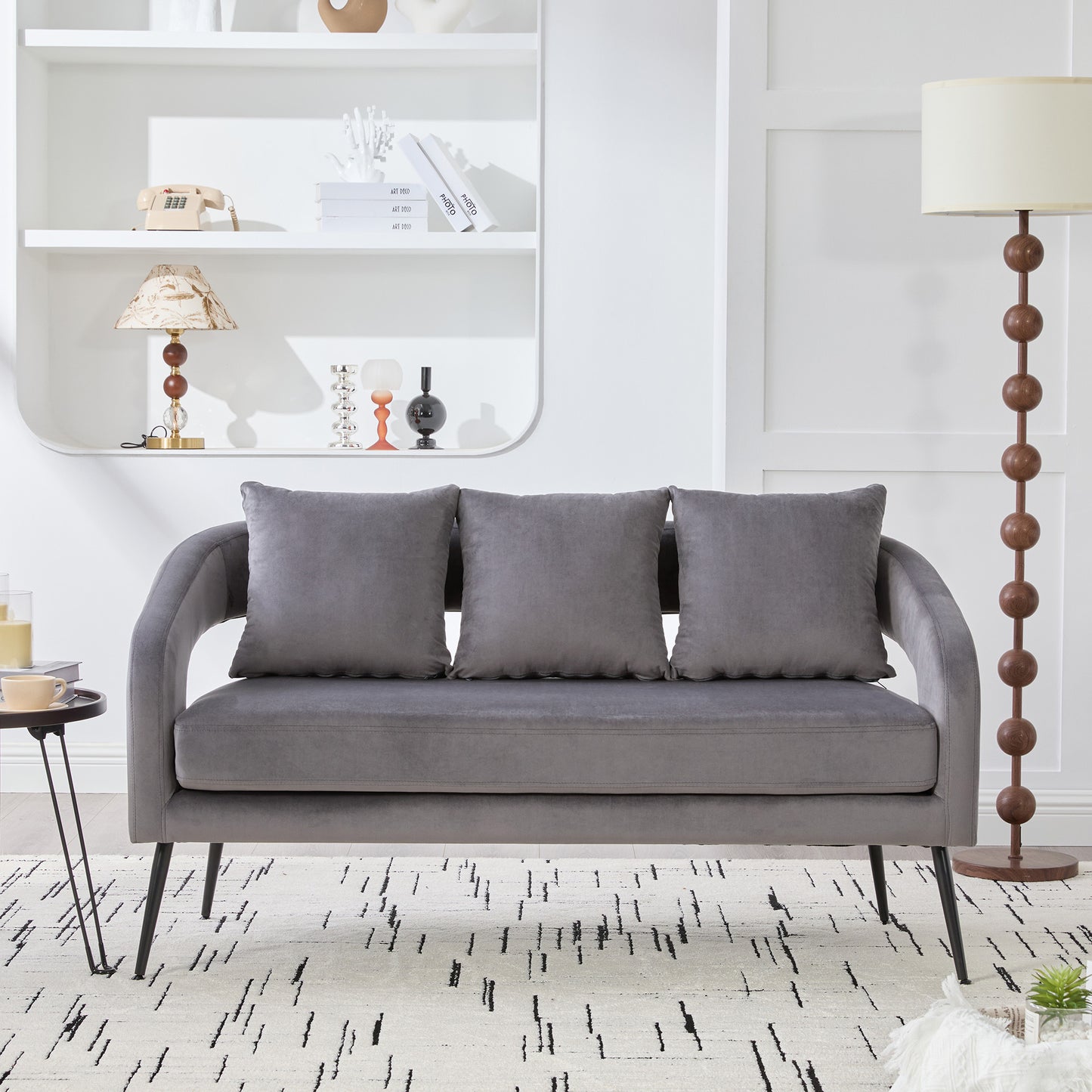 53.7 Modern Upholstered Velvet Open Back Loveseat Settee With 3 Pillows, Small Comfy Sofa 2-Seater Mini Sofa For Small Space With Metal Legs, Living Room Bedroom Office Dorm Studio Apartment Charcoal