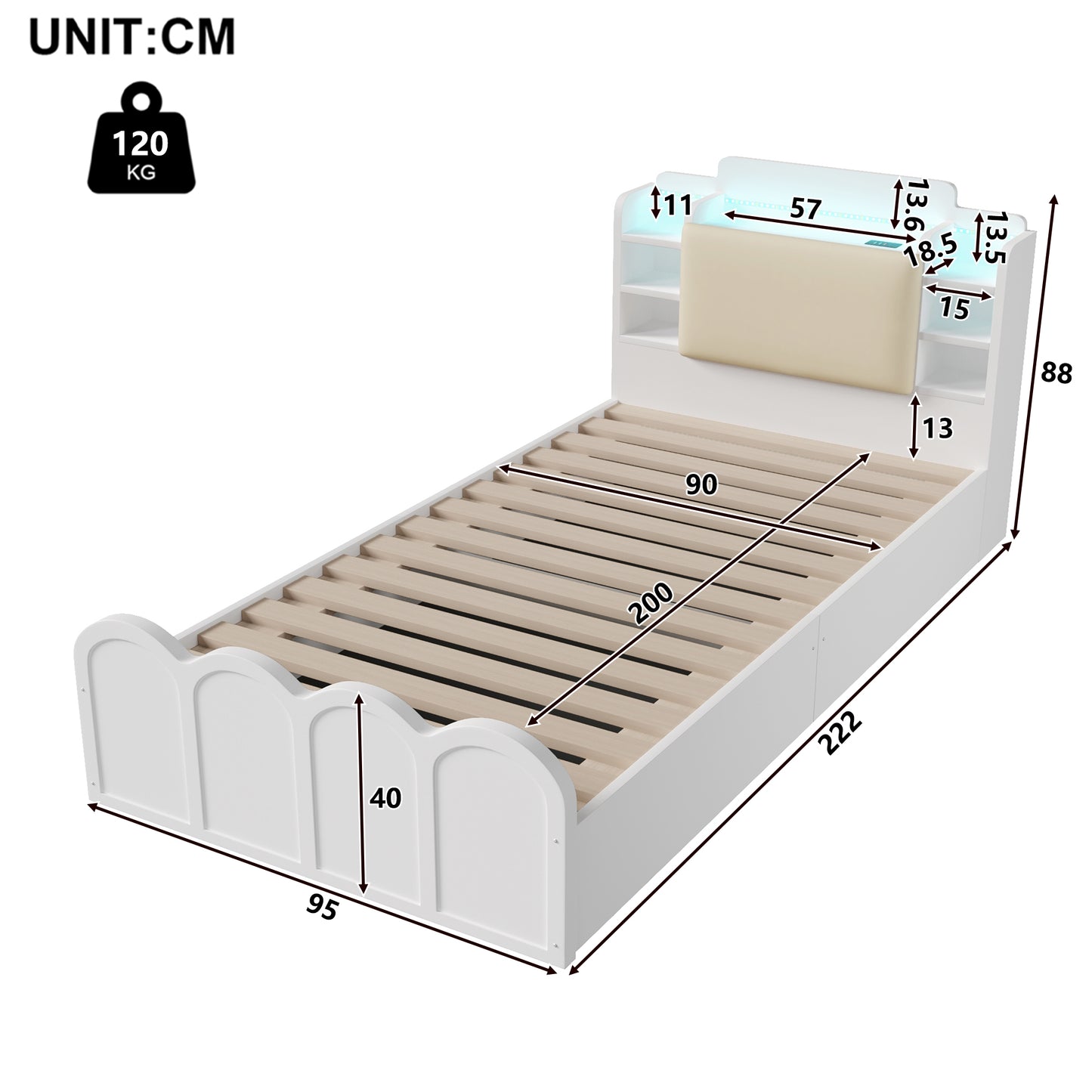 Panel Bed, 90x200 Cm, Hydraulic, With USB Type-C Charging, LED Lighting, Push-button App, Without Mattress, Flip-top Storage Compartment, Multifunctional Storage, White