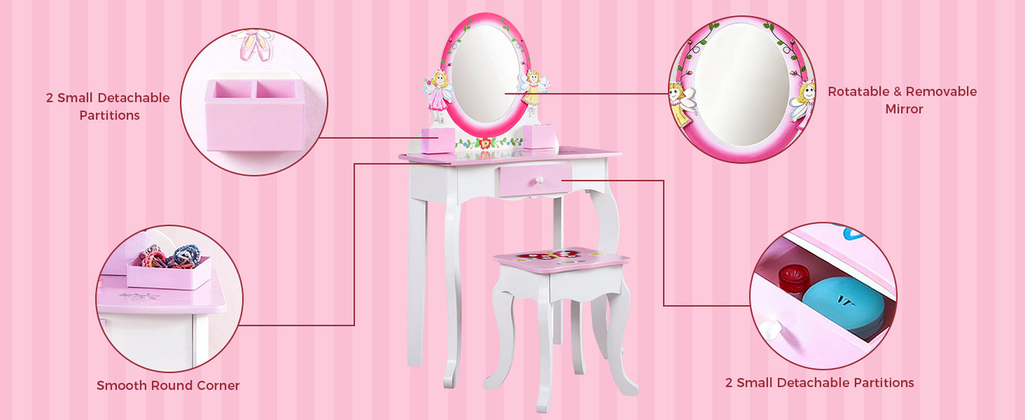Kids Vanity Set Floral Printed Wooden Makeup Dressing Princess Table With Mirror And Stool For Role Playing Pink