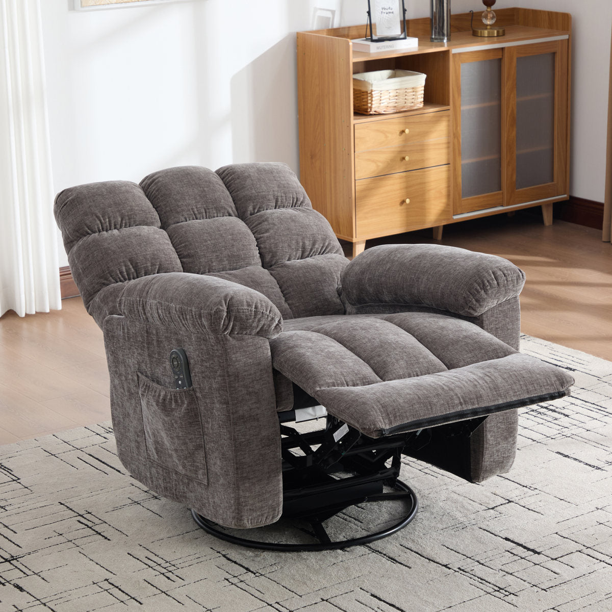Electric 360 Swivel Recliner With Massage And Heat Function, Manually Adjustable Backrest And Footrest, And Side Storage Pockets. Gray