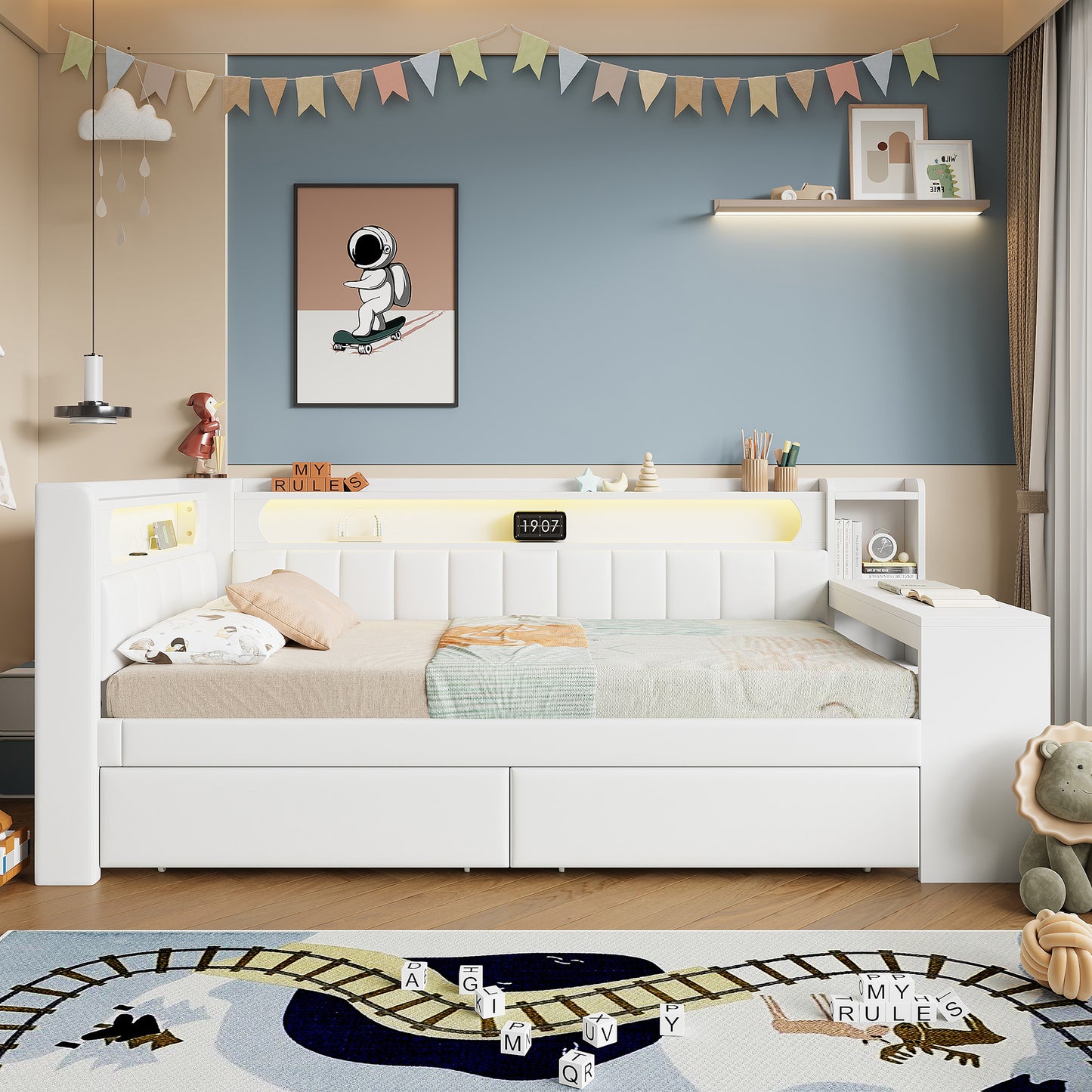 90x200 Padded Daybed With USB Ports And LED Belt, With Desk And 2 Drawers, White