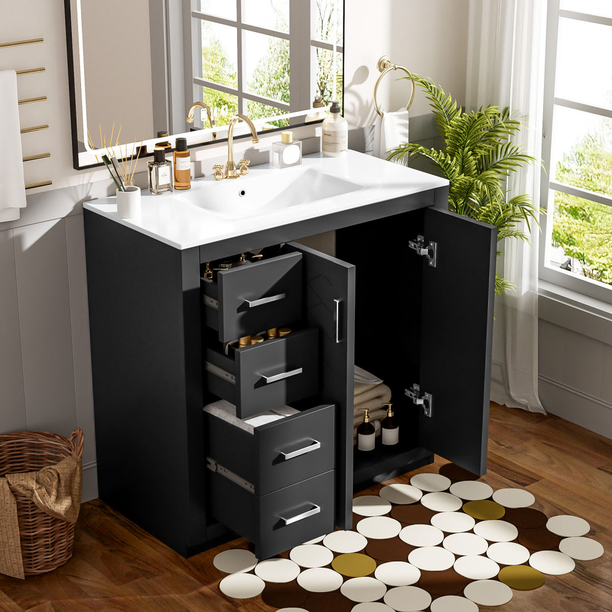 36'' Bathroom Vanity with Ceramic Sink Combo, Solid Wood Frame Bathroom Storage Cabinet, Freestanding Vanity Set with 3 Drawers& Soft Closing Doors