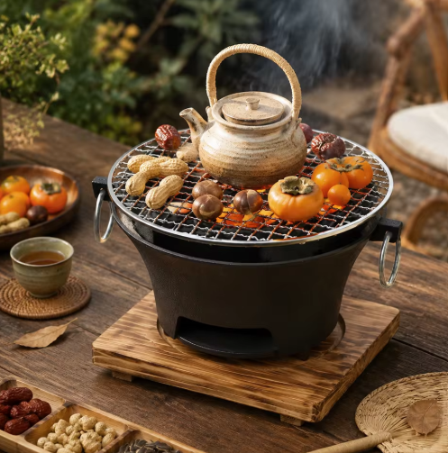 KL1 Portable Charcoal Grill Mini Tabletop BBQ Cast Iron Body Stainless Steel Removable Grill Net Heat Resistant Wooden Base Silver Carry Rings