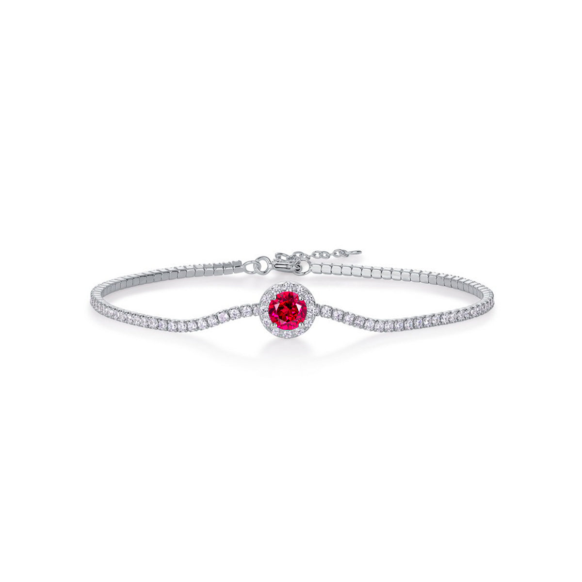 S925 Sterling Silver Tennis Bracelet, 6.5mm Lab-Grown Ruby Sapphire Emerald Halo Adjustable Chain, Platinum Plated 3.5g Women's Jewelry Gift Box