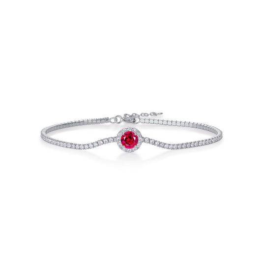 S925 Sterling Silver Tennis Bracelet, 6.5mm Lab-Grown Ruby Sapphire Emerald Halo Adjustable Chain, Platinum Plated 3.5g Women's Jewelry Gift Box