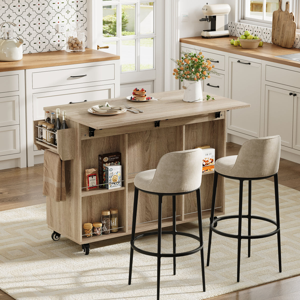 Kitchen Island, Kitchen Trolley With Folding Worktop, 120cm Mobile Kitchen Island On Wheels, Rollable Serving Trolley With Drawer & Cabinet, Sonoma Oak, 92.9x120x43.5cm