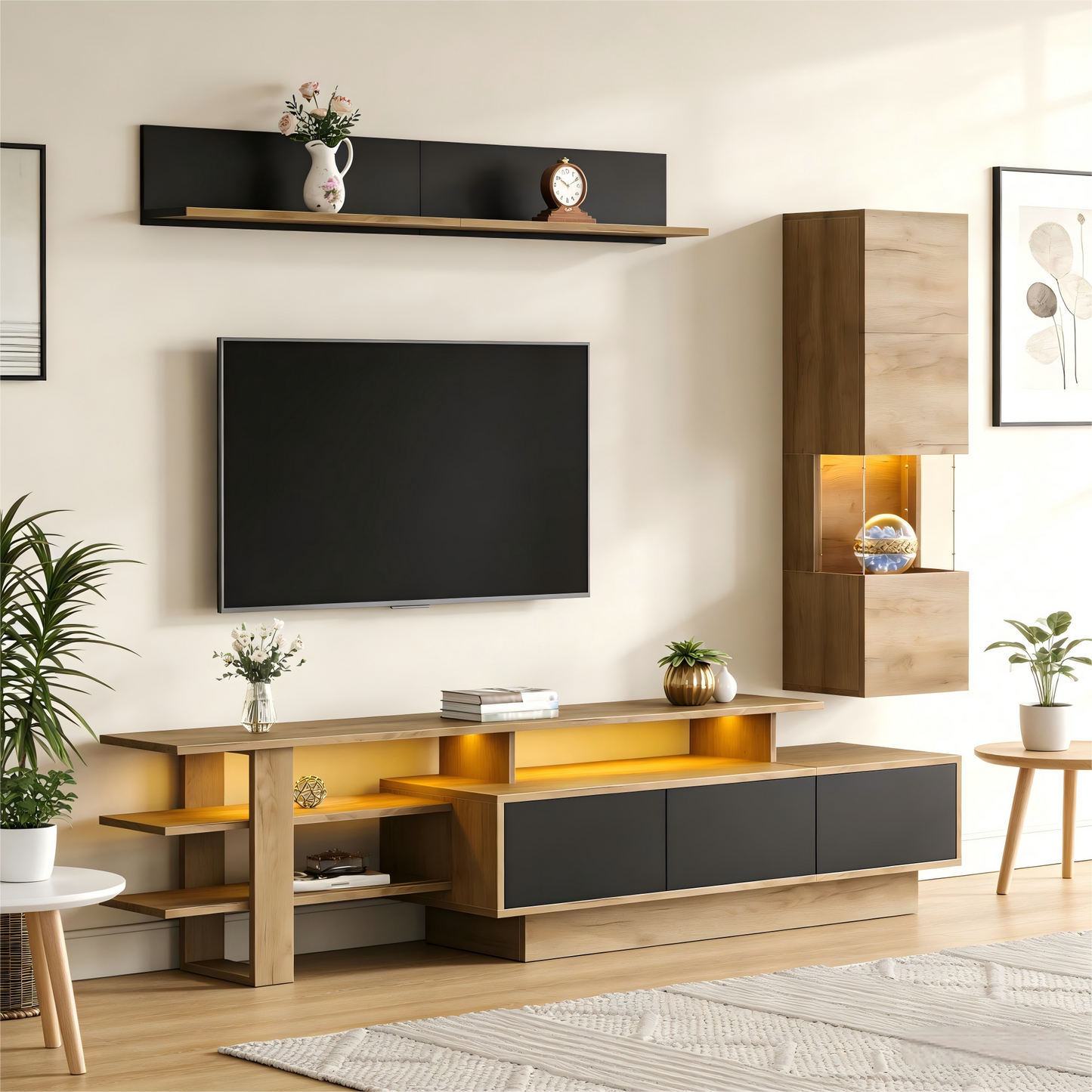 TV Wall Unit Set 3-Piece LED Lighting Living Room Furniture Set Frontal Wall Unit 1 X TV Cabinet, 1 X Living Room Display Cabinet, 1 X Hanging Shelf, TV Up To 80,Black  Natural Wood Color,TV Cabinet