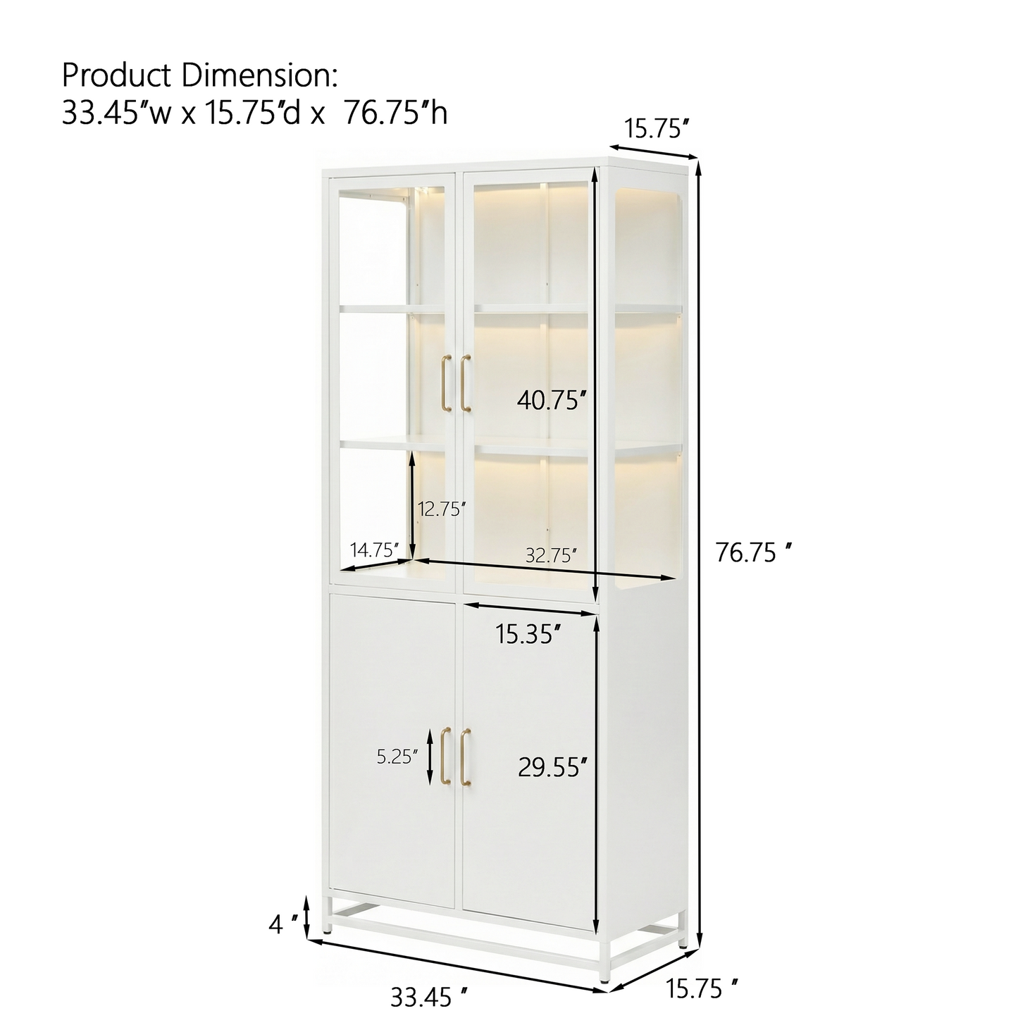 76.75  Tall Display Cabinet, With Glass Doors And LED Lights, Steel Curio Cabinet With 3-Sided Glass, Pantry Cabinet With Storage For Hallways, Livingroom Kitchen Home Decor & Office - White