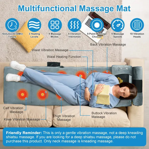Full Body Electric Massage Mat With Heat Vibration Massage Pad Cushion Back Massage Mattress Chair Pad With Neck Massager Lumbar Pillow With 10 Vibration Motors 3 Timers Anti-Slip Bottom Earplugs