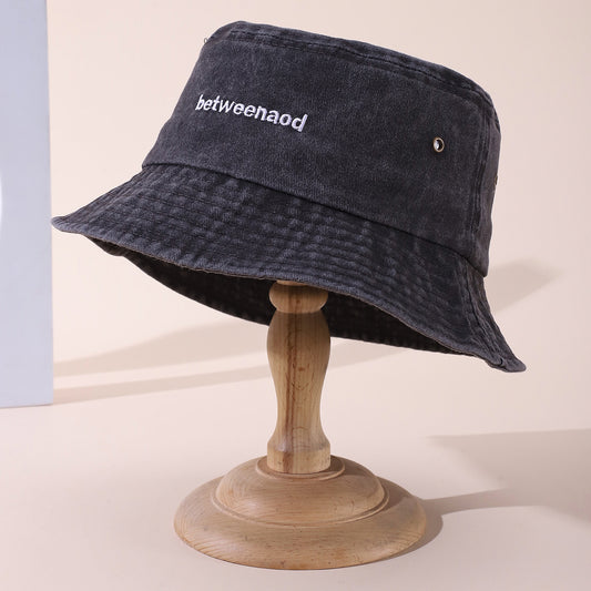 Solid-color Multi-letter Embroidered Washed-out Vintage Denim-style Wide-brimmed Fisherman Hat, Suitable For Outdoor Activities And Travel.