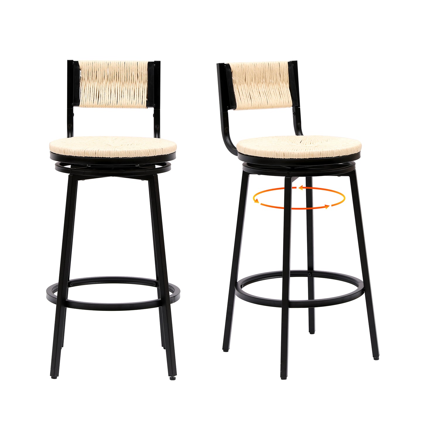 Creamy White Bar Stools Swivel Counter Chairs With Metal Frame Set Of 2 Hand Woven Paper Rope Dining Barstools For Kitchen Counter  Creamy White