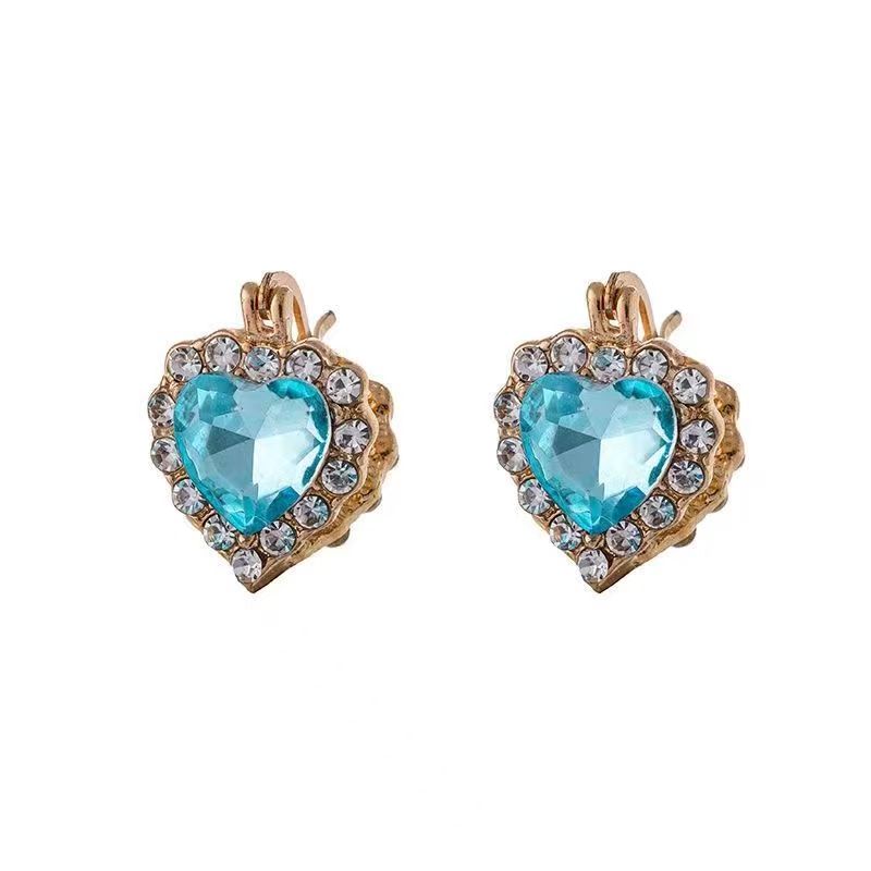 2026 New Super Sparkly Blue Heart Zircon Earrings, Ocean Heart Double Sided Design, Light Luxury High-End Women's Fashion Ear Jewelry