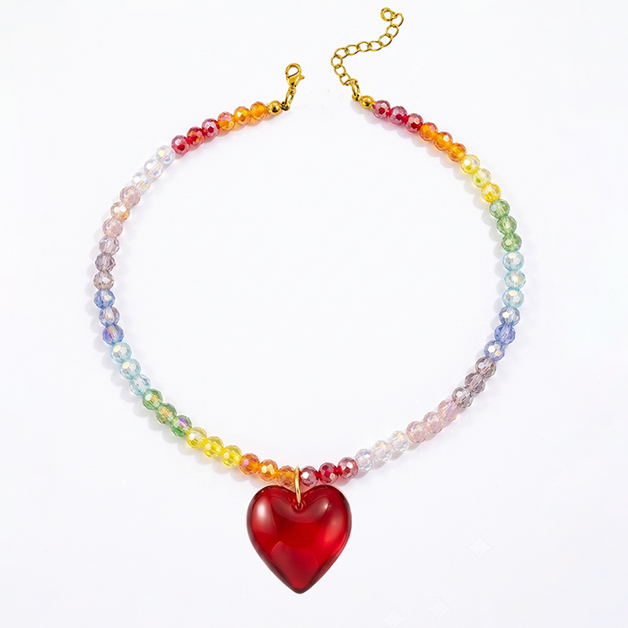 Rainbow Glass Bead Choker Necklace For Women, Stainless Steel Adjustable Chain With Chunky Red Glass Heart Pendant, Colorful Summer Jewelry Gift