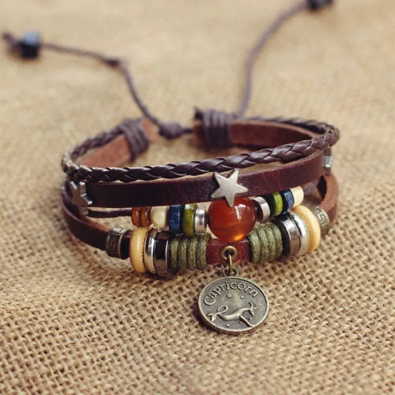 1pcs Multi-Layer Braided Leather Wooden Bead Star Zodiac Charm Adjustable Bracelet, Retro Boho Ethnic Style, For Men Women Daily Campus Travel & Constellation Holiday Gifts