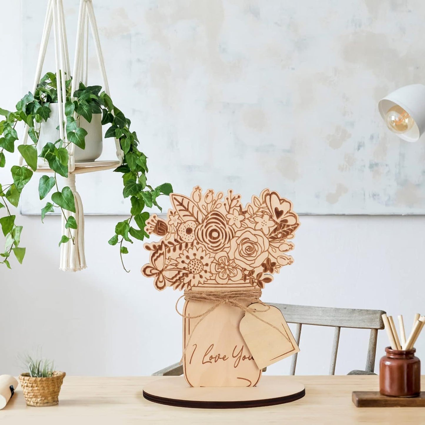 Log DIY Painted Vase Flower Ornaments Laser Engraving Wooden Flower Arrangement Crafts Mother's Day Handmade Gifts Desktop Decoration