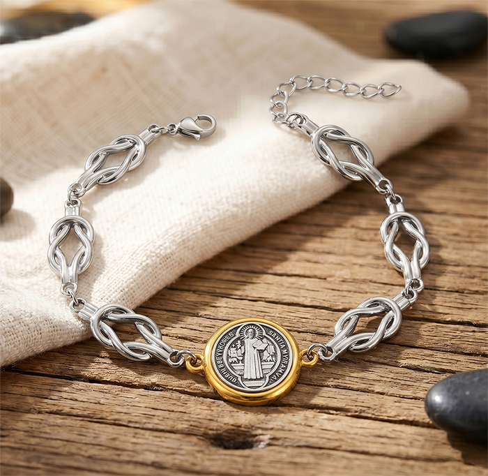 St Benedict Medal Bracelet For Women Men, Stainless Steel Knot Chain San Benito Coin Charm Bracelet, Religious Protection Jewelry Gift