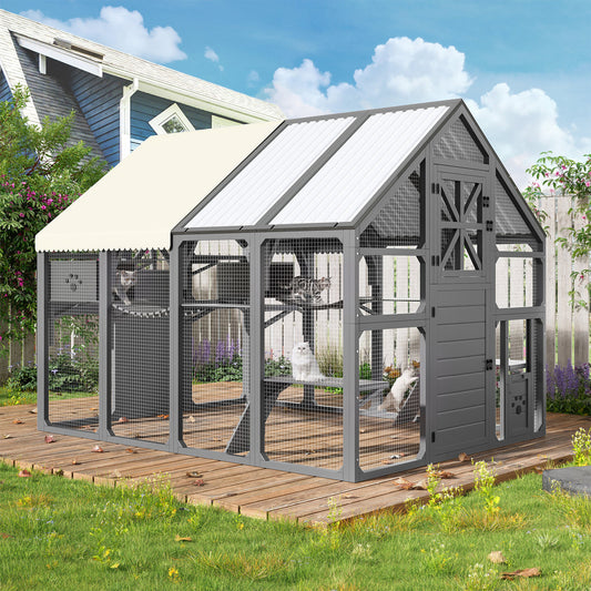 Extra Large Catio Outdoor Cat Enclosure, Walk-in Outdoor Pet House For Multiple Cats, Catio Cat Run Cage With Bridges,  PVC Roof, Weatherproof  Cover, 8 Platforms, 2 Resting Box, Grey