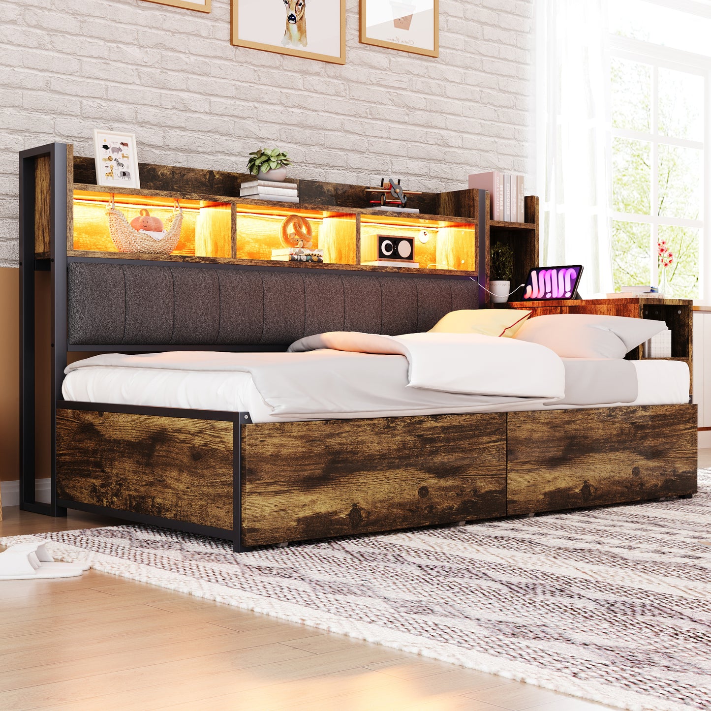 Iron Sofa Bed 90 X 200 Cm, With Versatile Storage Compartments & Lockers, Multifunctional Sockets & LED Lighting, Complete With Large Drawers And A Pull-out Desk
