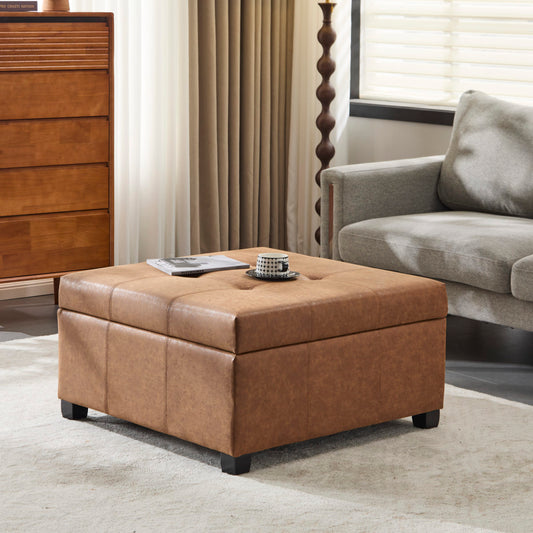 35" Square Brown Faux Leather Storage Ottoman - Lift-Top Footrest Stool for Living Room, Bedroom & Office - Upholstered Bench with Hidden Storage