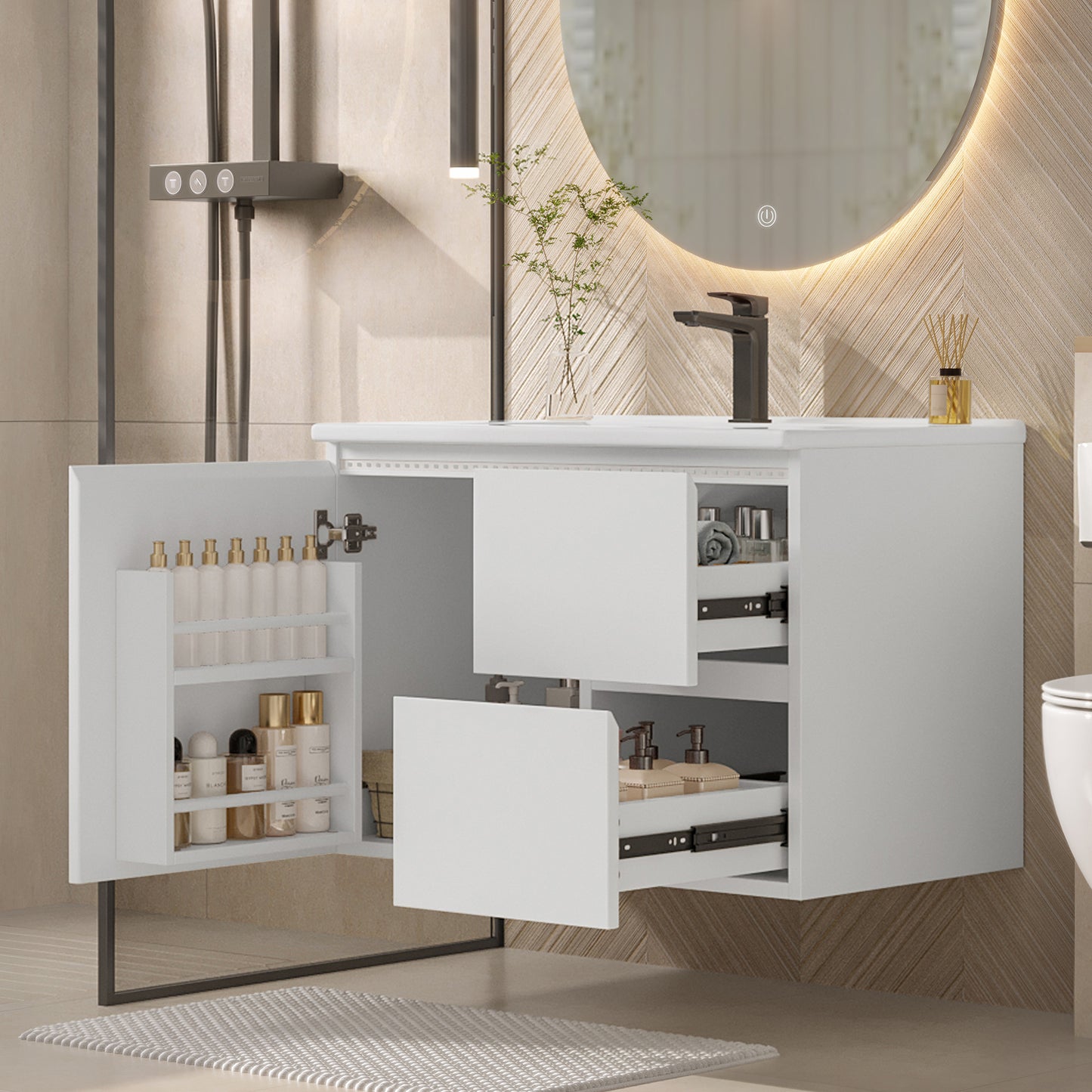 76x46x50cm Wall-hung Bathroom Cabinet, Full Lacquer, LED Radar Sensor Lighting, Washbasin, Two Drawers, Quiet Sliding Rails, Left And Right Shelf, Integrated Washbasin, White