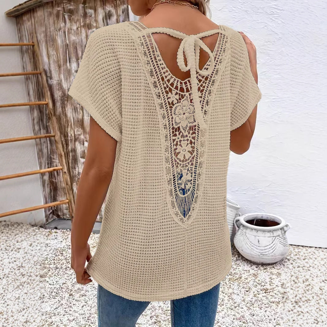 Womens Lace-Panel V-Neck Fashion T-Shirt